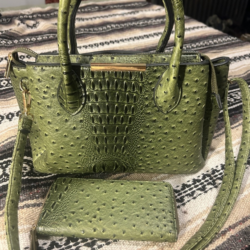 Olive Green Textured Satchel Handbag with Matching Wallet